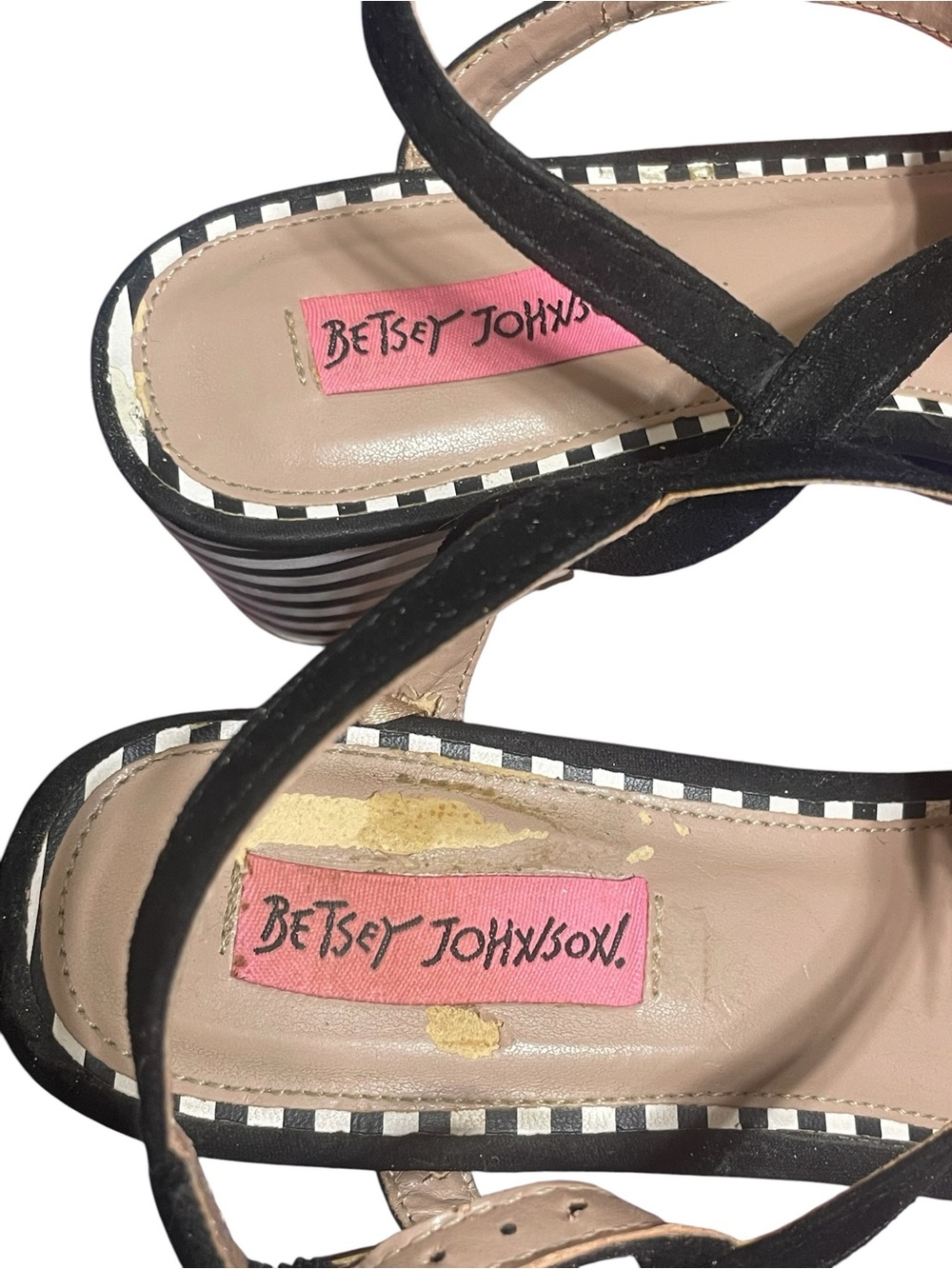 Betsey Johnson Aspen Black Sandal Heels Suede Floral Black & White Stripes Sz 9 - Picture 3 of 11